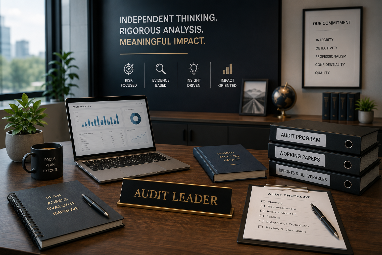 Professional audit office with financial reports, audit program binders, and executive advisory materials